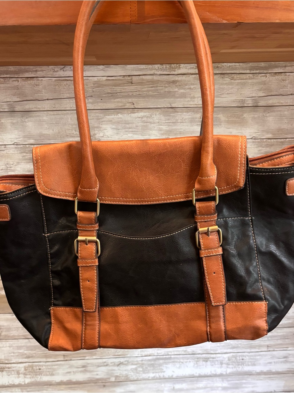 Vintage Style Colorblock Black Tan Buckle Accent Tote Bag